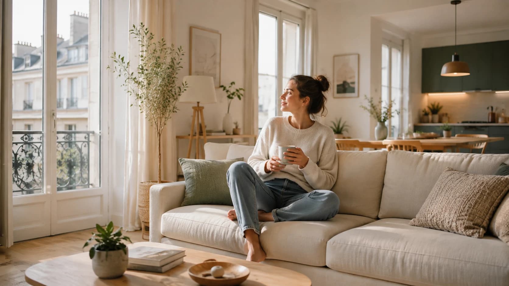 Cliente installée dans un salon lumineux et chaleureux, illustration de l’accompagnement HouZen à domicile