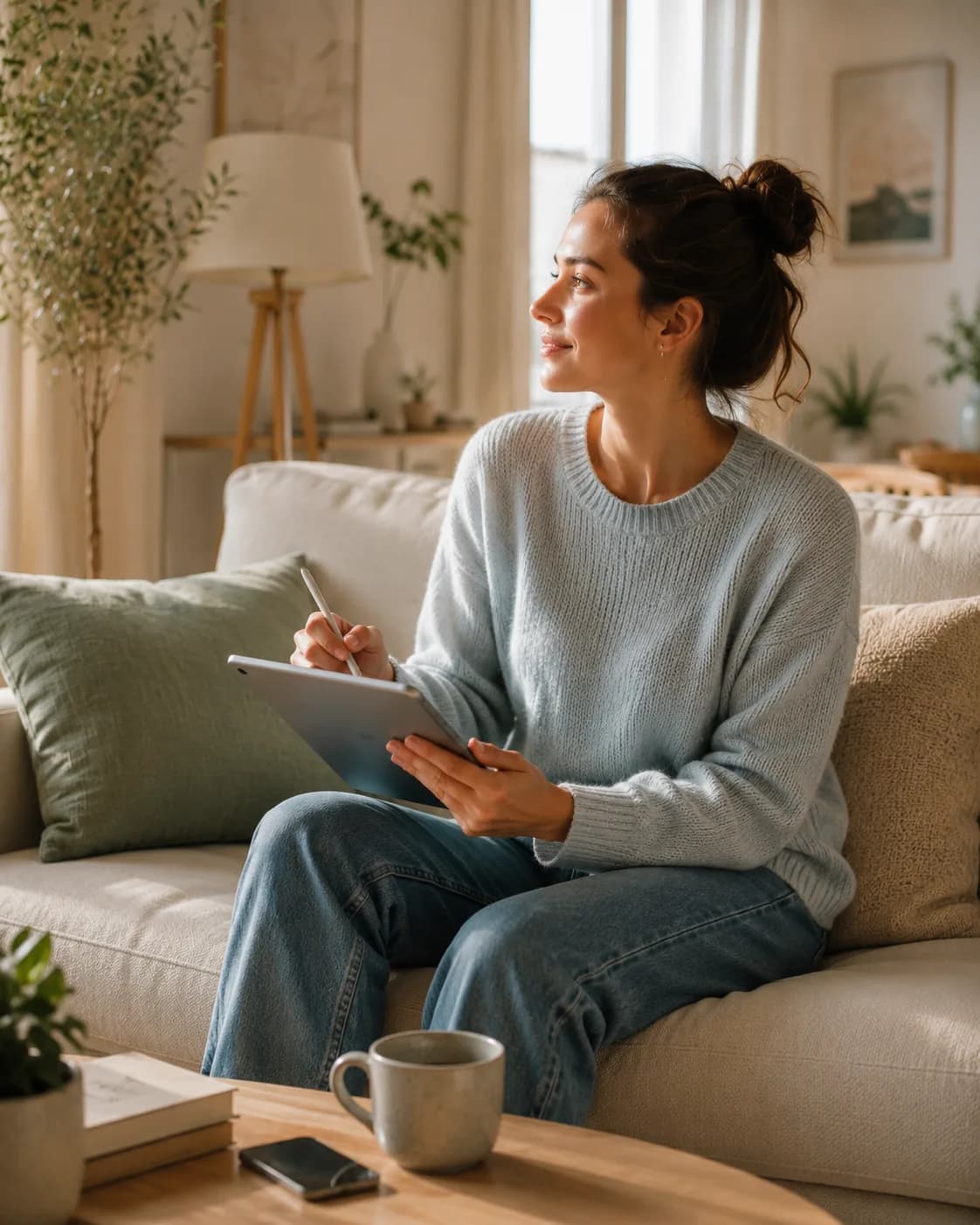 Cliente assise dans son salon, décrivant son besoin sur une tablette.