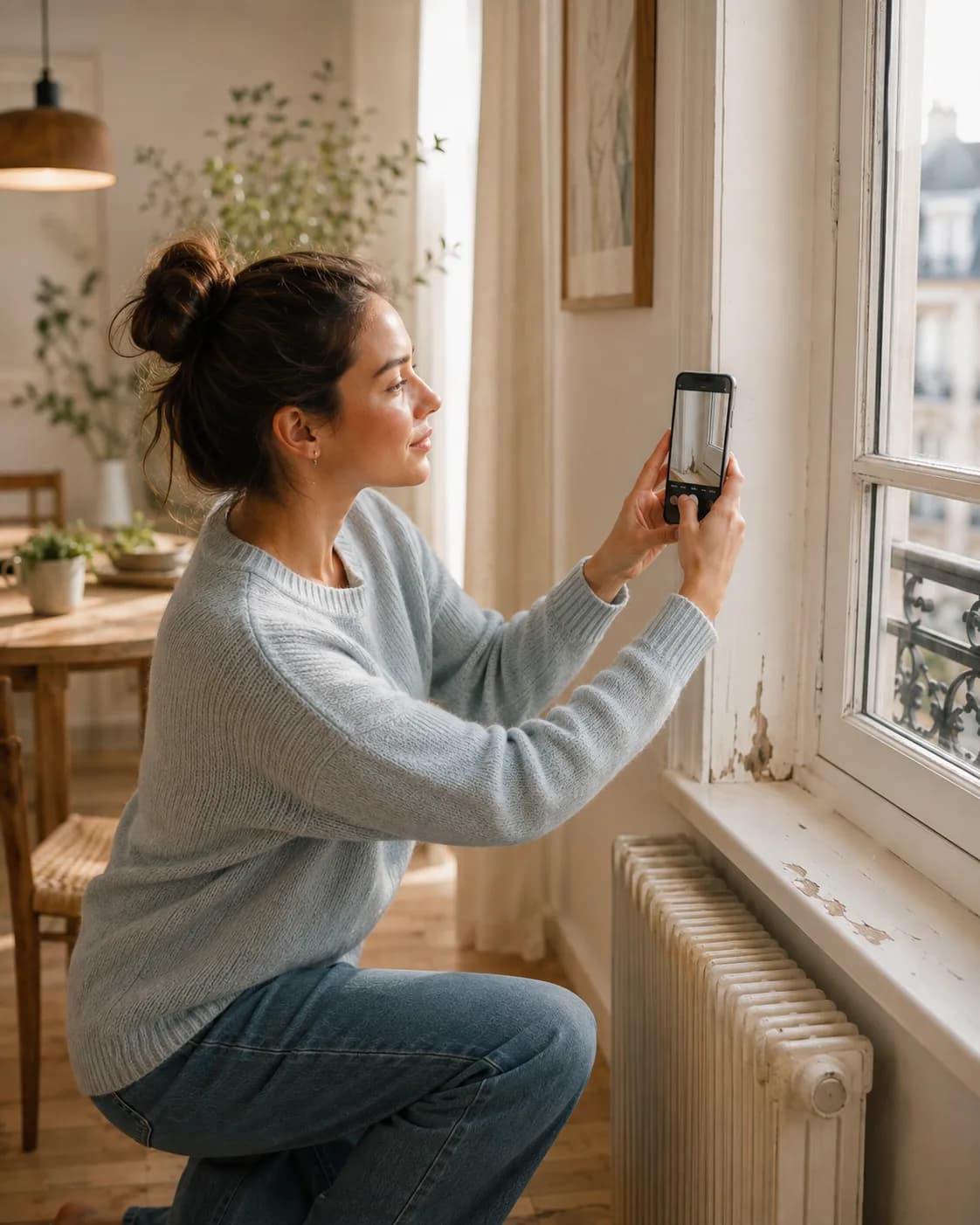 Cliente photographiant une zone de son logement avec son smartphone.