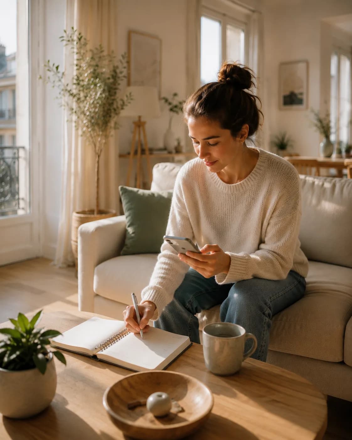Cliente notant un rendez-vous dans un carnet, téléphone à la main dans son salon.