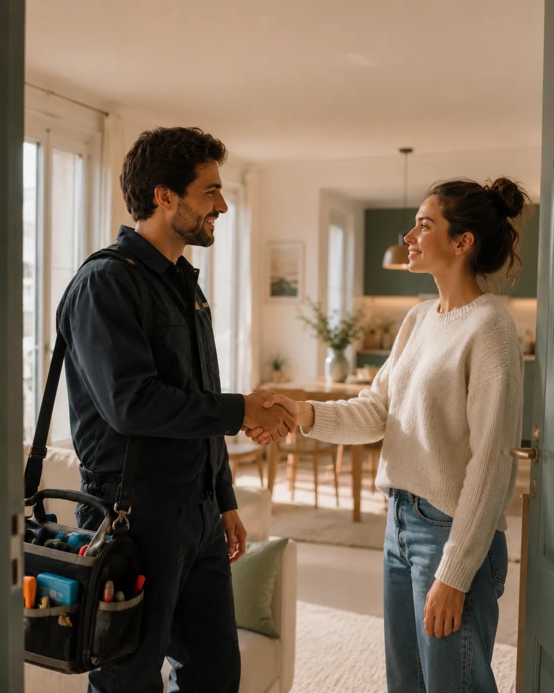 Professionnel et cliente se serrant chaleureusement la main à la porte d’entrée.