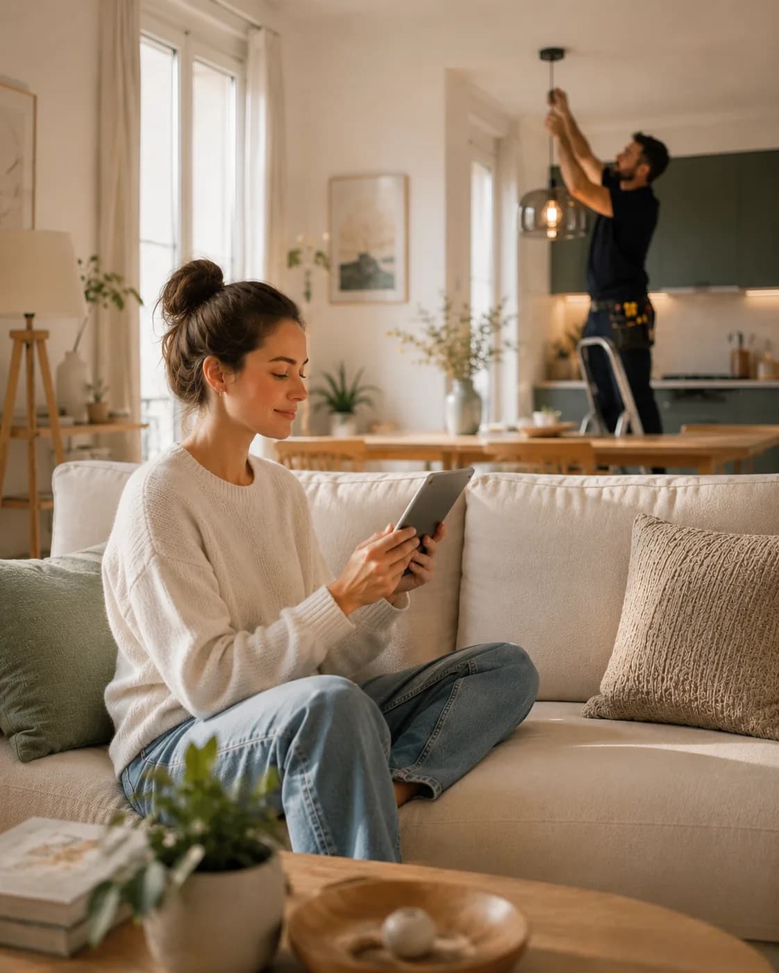 Professionnel installant un luminaire pendant que la cliente suit l’avancement sur une tablette.